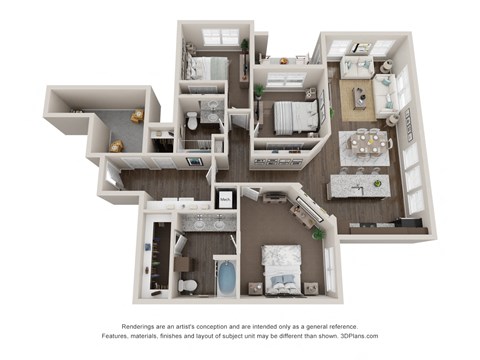 Floor plan for 3 beds, 2 baths, 1493 sqft